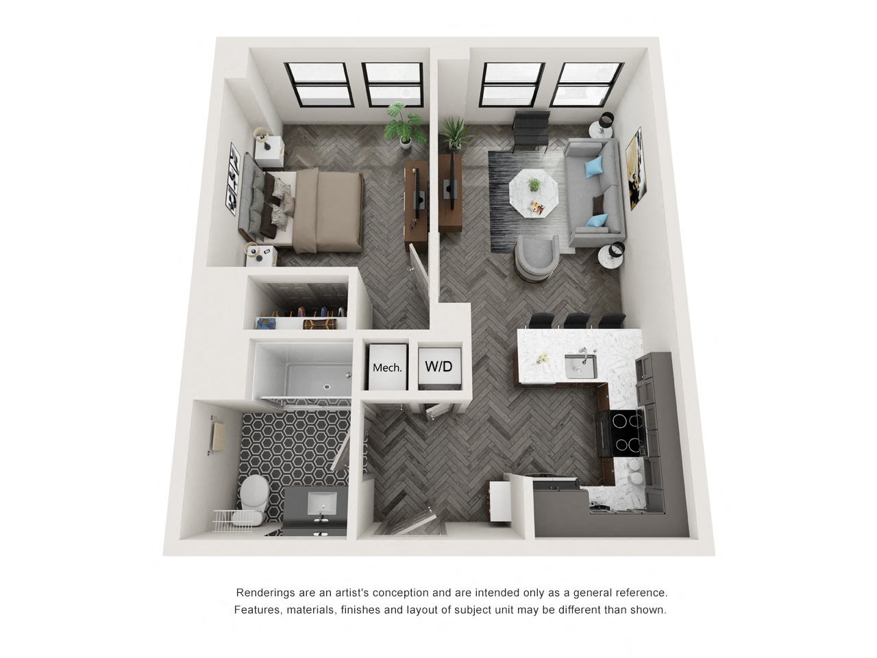 Floor plan for 1 bed, 1 bath, 565 sqft